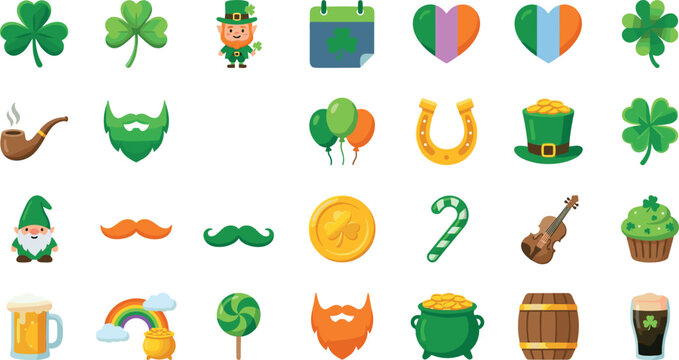 St Patricks Day flat icon vector set featuring traditional Irish holiday elements like leprechaun shamrock horseshoe pot of gold rainbow beer and festive decorations.
