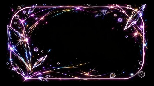 虹色に輝くネオンライトとクリスタルの華やかな装飾フレーム・背景透過MOV	光がゆっくり移動バージョン