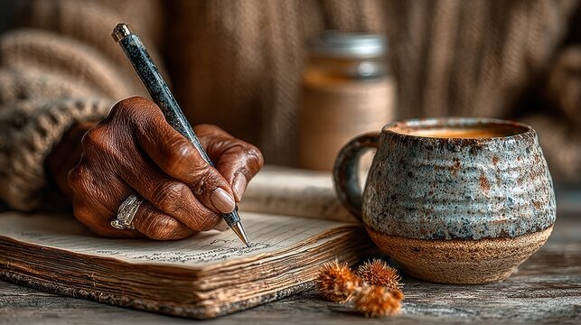 Close-up of a hand writing with a pen in an open book next to a mug and jar