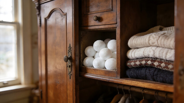White camphor balls placed inside an antique wooden wardrobe with folded clothing.
