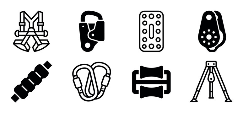 Set of black climbing equipment icons showing a safety harness, carabiner, pulley, belay device, and tripod anchor in a minimalist glyph style for safety at height concepts
