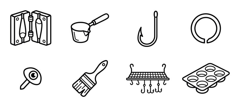 Set of black line icons for DIY fishing tackle making, including a sinker mold, melting pot, hook, split ring, lure eye, paintbrush, and drying rack in a clean graphic style
