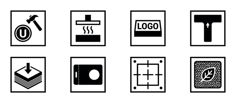 Set of eight black and white technical icons for product specifications including impact resistance, heat press, logo application, orientation, layering, and sustainable material