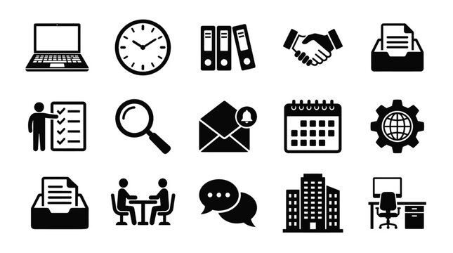 Set of black business and office management icons including computer laptop clock handshake file folder and meeting symbols for professional corporate design projects