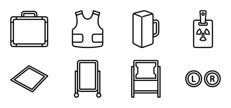 Radiology and medical imaging icon set featuring a lead apron, dosimeter, positioning aids, mobile shield, briefcase, and left right markers in a clean minimalist line art style