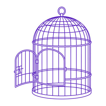 Open Birdcage Wireframe Icon, Freedom Concept, Escape Symbol, Isolated on White