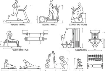 Obraz premium Technical CAD drawing set of gym equipment and people exercising for architectural gym design plans
