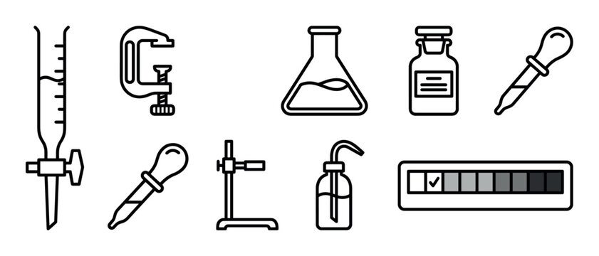 Set of black line icons depicting chemistry laboratory equipment and scientific tools, including a flask, burette, pipette, clamp, stand, and pH test strip for experiments