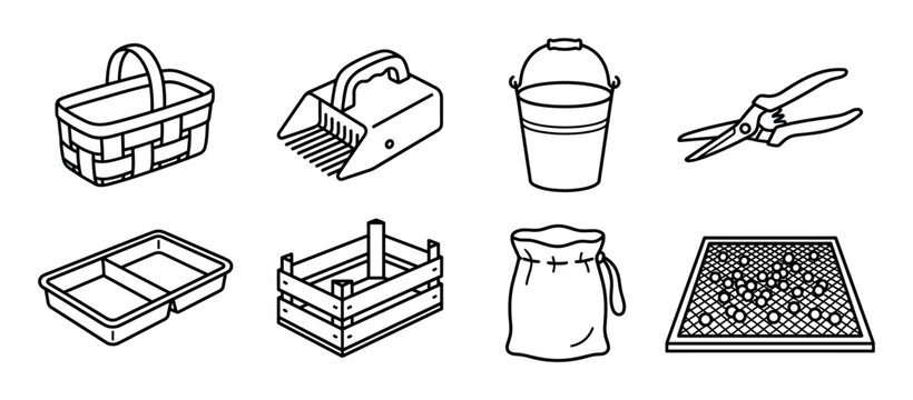 Collection of eight gardening and harvesting tool icons in a bold black outline style, featuring a basket, berry rake, pail, secateurs, wooden crate, and sifter