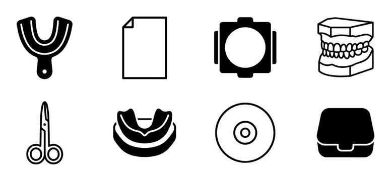 Set of black dental and orthodontic icons showing various stomatology equipment like an impression tray, jaw model, mouthguard, and scissors in a minimalist glyph style