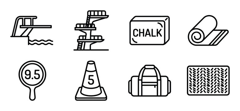 Set of black line art icons for sports and gymnastics featuring a diving board, platform, chalk, rolled mat, score paddle, training cone, gym bag, and textured mat
