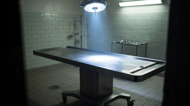 Empty stainless steel autopsy table illuminated by a single spotlight in a clinical morgue room, representing forensic pathology, criminal investigation, medical examination and true crime concept
