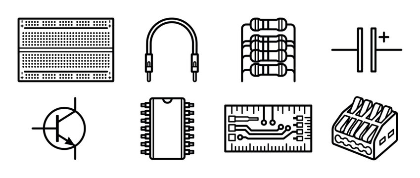 Electronic component and schematic symbol icons including a breadboard, resistor, capacitor, transistor, IC chip, and PCB for engineering projects, rendered in a clean black outline style