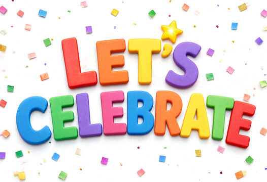 Bright and colorful lets celebrate text with confetti and star decoration perfect for parties