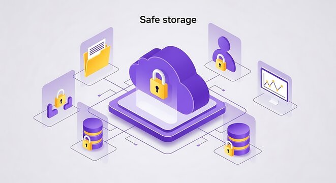 Isometric illustration depicting secure cloud storage with connected digital devices and data symbols