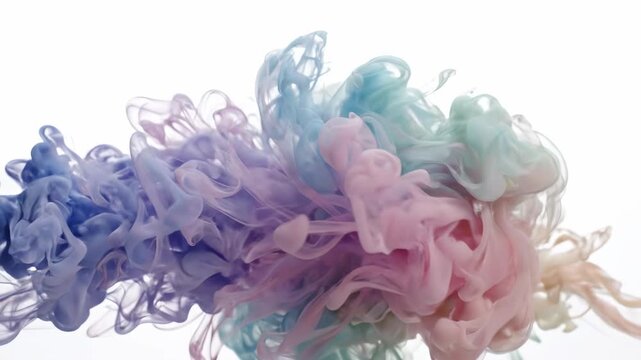 Colorful ink dissolving in water, swirling abstract shapes, pastel gradient, fluid motion, gentle bloom effect