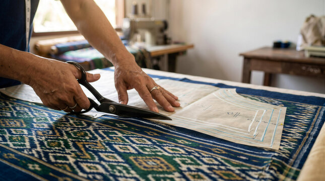 Close up of tailor hands using scissors to cut patterned fabric with paper pattern in sewing workshop