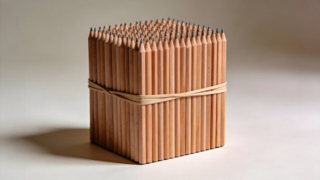 Countless identical pencils bound tightly into a solid square column.