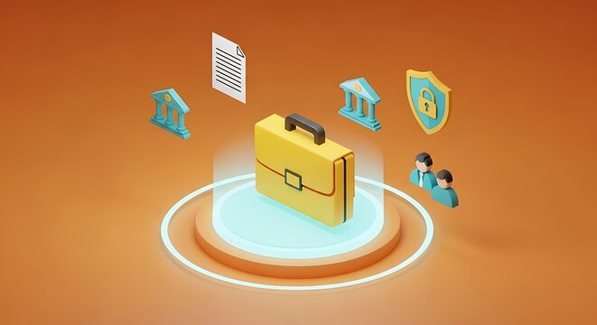 Isometric illustration of a briefcase on a pedestal with related symbols floating around