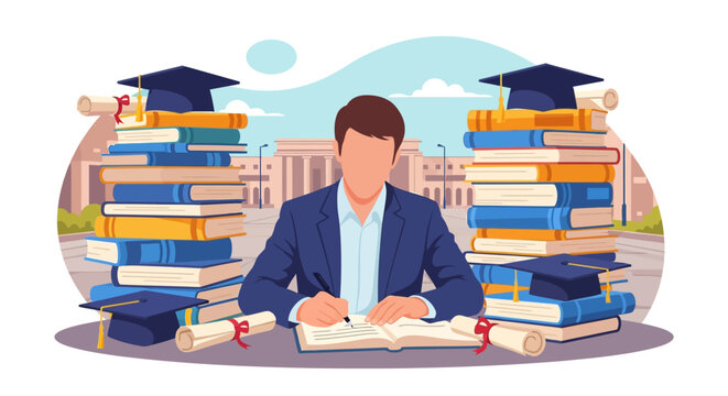 Student studying hard surrounded by books and graduation caps.