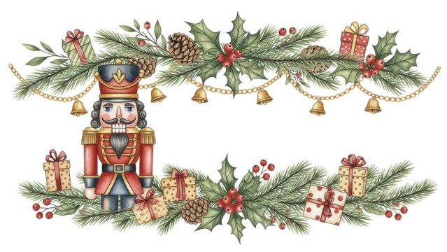 Hand-drawn nutcracker soldier illustration for holiday decor. Vintage Christmas character with festive greenery and ornaments backdrop.