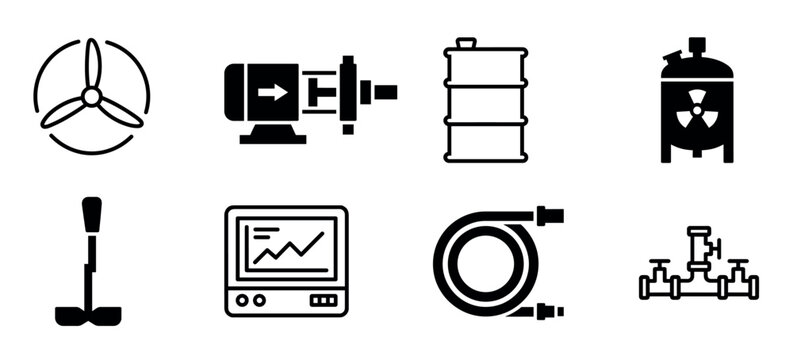 Black industrial and chemical process icons collection showing a pump, motor, barrel, hazardous reactor, agitator, monitor, hose, and pipes for manufacturing and engineering