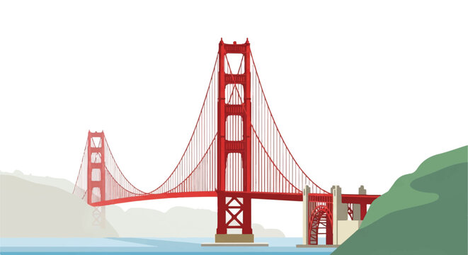 Red suspension bridge spanning a bay with coastal hills