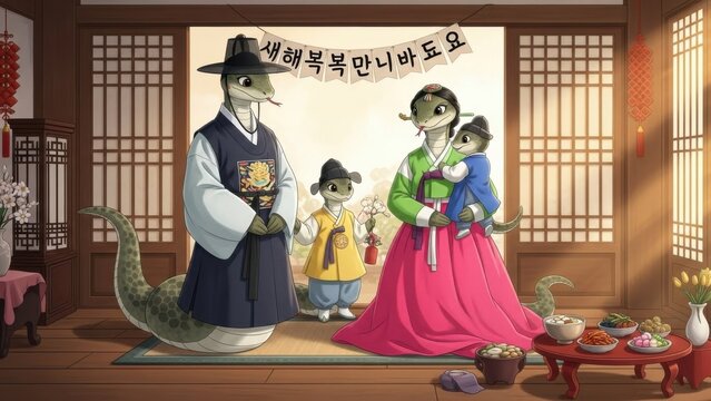 Korean family celebrating traditional Doljanchi first birthday. Joyful parents and baby in colorful hanbok with festive rice cake table.