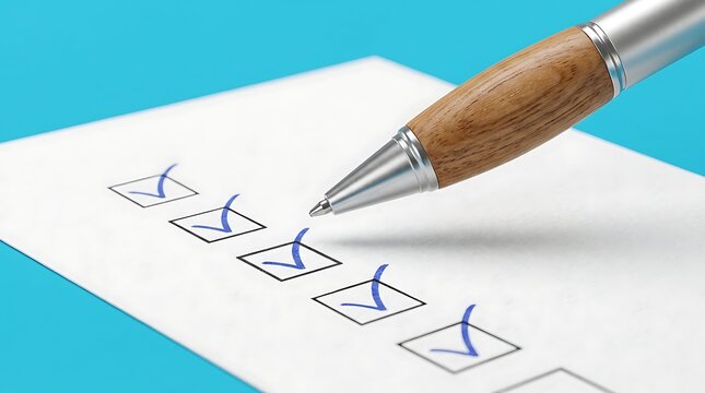 Pen marking check boxes on white paper, close up of wooden and metal pen tip ticking items on survey or to do list, clean background, concept of task completion and productivity.