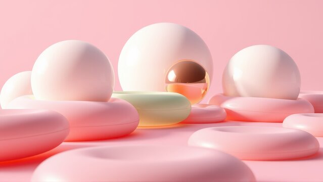 Soft pink spheres, oblong shapes create abstract composition. Minimalist design, gentle lighting, smooth surfaces dominate scene.