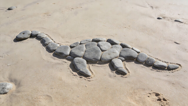 Outline of a plesiosaur made from grey river stones on a sandy beach.