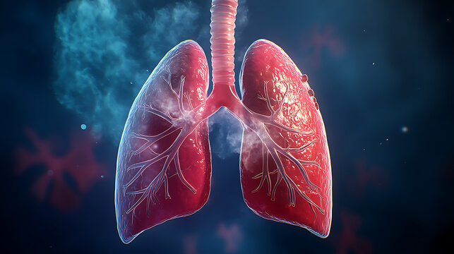A detailed cross-section of the respiratory system showing inflammation of the lung tissue with accumulation of fluid and mucus, one lung is healthy, while the other shows signs of infection and conso