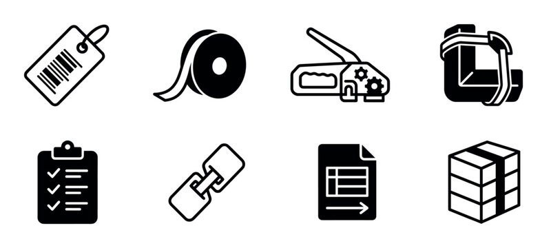 Set of black logistics and shipping icons including a barcode tag, tape roll, strapping tool, corner protector, checklist, link, document, and package for supply chain concepts