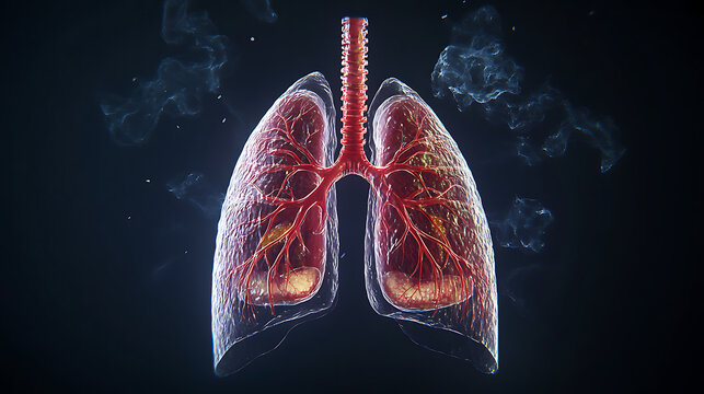Complete image of the human respiratory system: lungs with visible signs of pneumonia, inflammation and fluid accumulation.