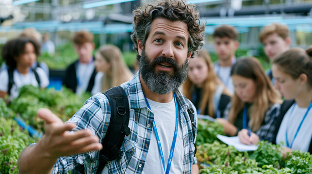 Aquaponics facility manager guiding a culinary school class through a working integrated system explaining nitrogen cycles and fish feeding schedules as students take notes beside water testing stat