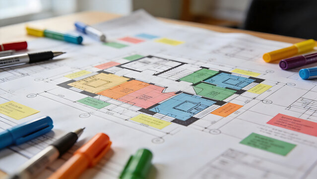 subcontractor. Architectural blueprint with color-coded sections for subcontractor responsibilities. real-estate listings.