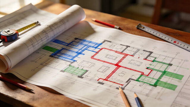 subcontractor. Architectural blueprint with color-coded sections for subcontractor responsibilities. real-estate listings.