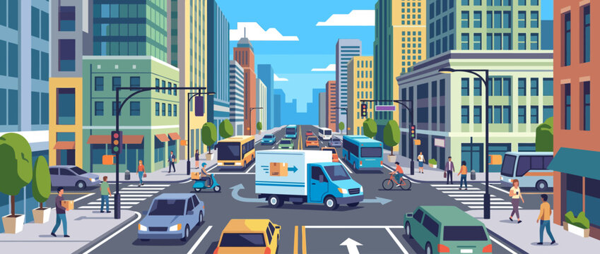 Busy city street intersection with cars and trucks in a modern urban environment.