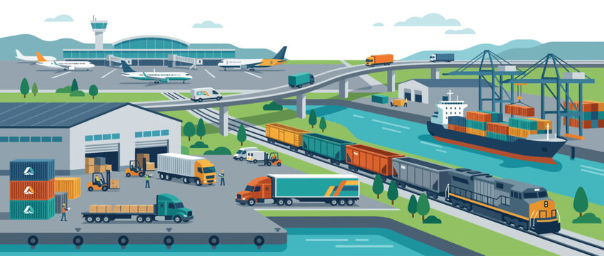 Logistics and transportation hub illustration with cargo ships trains and trucks.