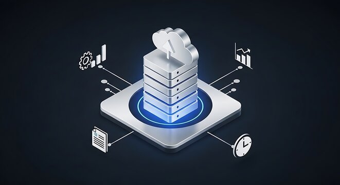 Isometric server with cloud symbol atop, surrounded by data-related icons, blue glow