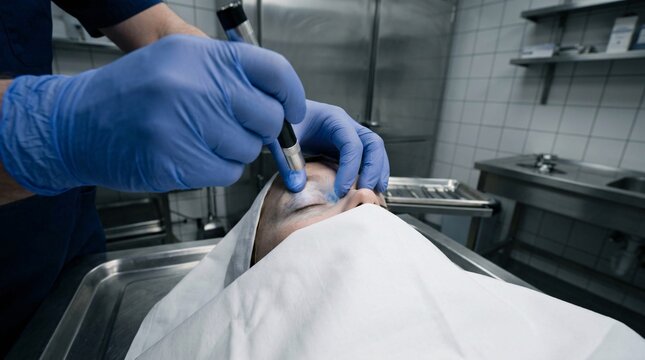 Coroner using penlight tool to check eyes of deceased corpse during autopsy