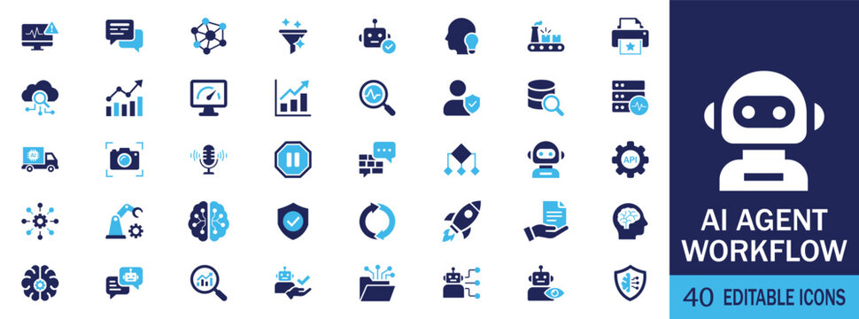 
AI agent workflow and artificial intelligence automation two colour solid icons set flat vector illustration technology concept

