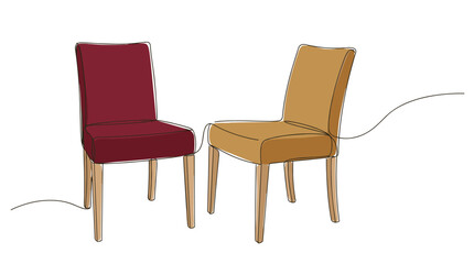 Fototapeta premium Two modern chairs, one red and one yellow, simple design, wooden legs, interior furniture set.