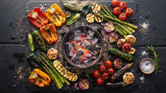 Fresh seasonal vegetables grilling on hot charcoal barbecue pit with vibrant colorful bell peppers asparagus tomatoes and eggplant on dark rustic stone slab for healthy gourmet outdoor dining