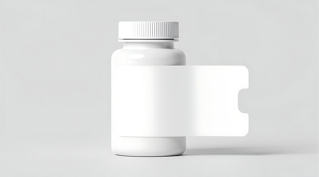 White pill bottle with blank label and tab on a light gray background.