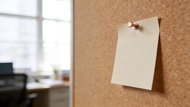 notecard. Blank cream notecard pinned to corkboard with brass tack, illuminated by soft diffused office light. lifestyle magazines.