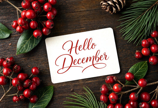 Festive hello december greeting card surrounded by red berries pine branches and cones