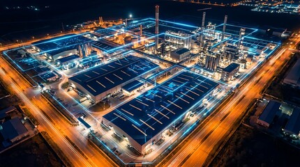 Fototapeta premium Futuristic smart factory with glowing neon blue lines depicting data connections and digital network overlay at night aerial view showing advanced technology and automation in industrial complex.