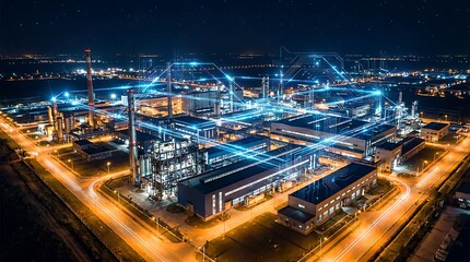 Fototapeta premium Aerial view of smart factory at night with glowing blue light networks connecting machines and buildings representing industrial automation and advanced technology integration in production processes.