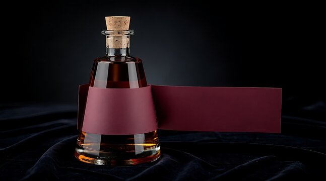 Elegant glass bottle of amber liquid with cork stopper and maroon label on dark background.